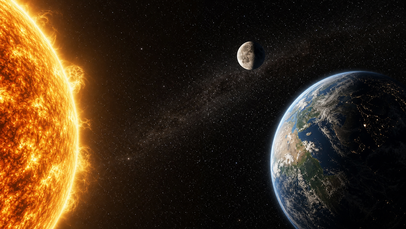 The Sun, Earth, and Moon suspended in deep space